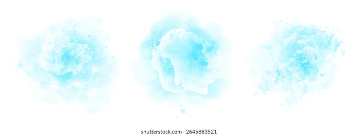 Conjunto de abstrato brilhante água de cor ciano salpicar em um fundo branco. Textura de aquarela vetorial em cor de salada. Mancha de pincel de tinta. Mancha brilhante ciano splatters. Mancha pastel aquarela