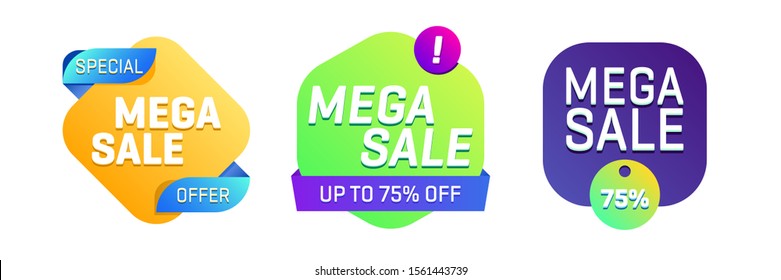 Set of abstract bright elements. Mega Sale text, colorful shapes dynamical colored forms. Trendy design for advertising banners, retail posters, flyers, labels