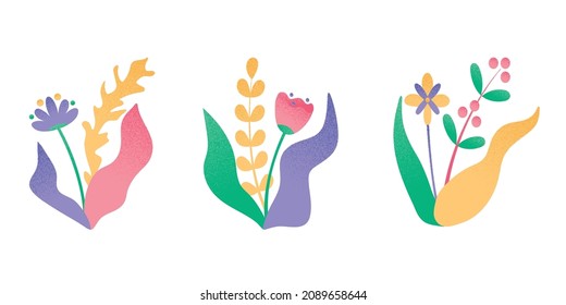Conjunto de flores resplandecientes abstractas con ramas y hojas. Efecto granulado, dibujando a mano elementos planos. Ilustración vectorial de estilo doodle de dibujos animados. Diseño tropical con textura de partícula
