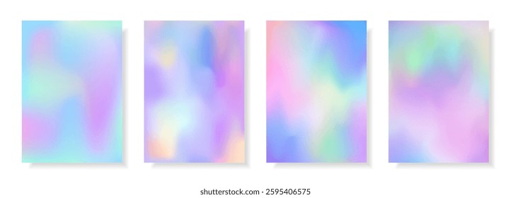 Set of abstract bright holographic cards with iridescent effect. Colorful rainbow digital futuristic backgrounds. Vector templates for presentation, cover, web banner, brochure, leaflet, flyer.