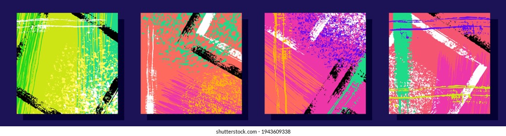 set of abstract bright neon posters in the shape of a square. colorful brush strokes and splashes of paint in the grunge style. background, template, cover to attract attention. stock vector EPS 10