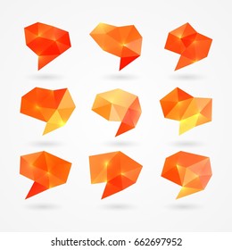 Set of abstract bright orange polygonal speech bubbles. Isolated on white background