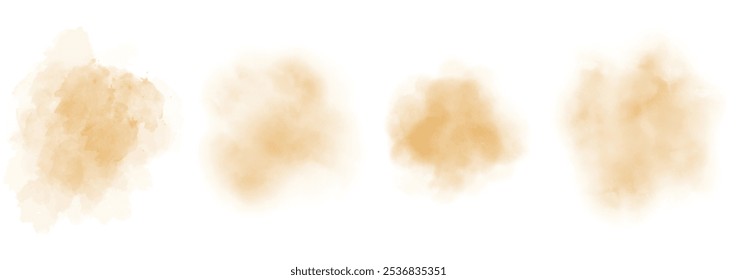 Set of abstract bright orange watercolor water splash on a white background. Vector watercolour texture in salad color. Ink paint brush stain. Bright orange splatters spot. Watercolor pastel splash