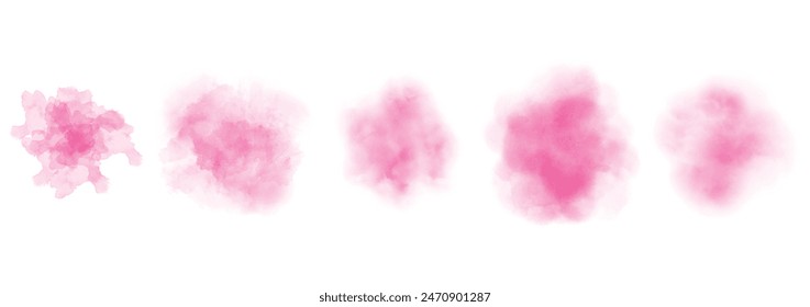 Set of abstract bright pink watercolor water splash on a white background. Vector watercolour texture in salad color. Ink paint brush stain. Bright pink splatters spot. Watercolor pastel splash