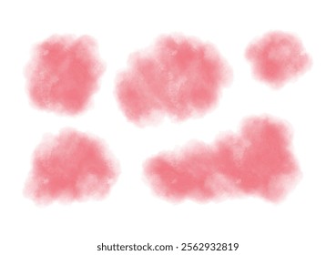 Set of abstract bright pink watercolor water splash on a white background. Vector watercolour texture in salad color. Ink paint brush stain. Bright pink splatters spot. Watercolor pastel splash