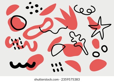 A set of abstract bright red and black shapes of different sizes and shapes. Modern and trendy Background. Scribble. Isolated. Curvature and angularity. Vector stock illustration.