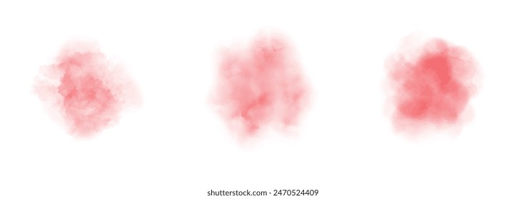 Set of abstract bright red watercolor water splash on a white background. Vector watercolour texture in salad color. Ink paint brush stain. Red splatters spot. Watercolor pastel splash