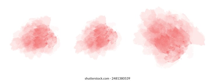 Set of abstract bright red watercolor water splash on a white background. Vector watercolour texture in salad color. Ink paint brush stain. Bright red splatters spot. Watercolor pastel splash