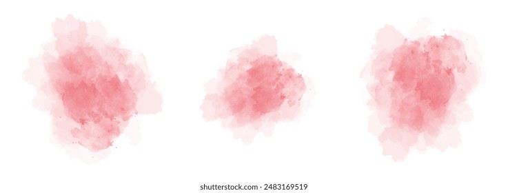 Set of abstract bright red watercolor water splash on a white background. Vector watercolour texture in salad color. Ink paint brush stain. Bright red splatters spot. Watercolor pastel splash