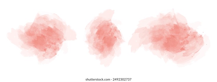 Set of abstract bright red watercolor water splash on a white background. Vector watercolour texture in salad color. Ink paint brush stain. Bright red splatters spot. Watercolor pastel splash