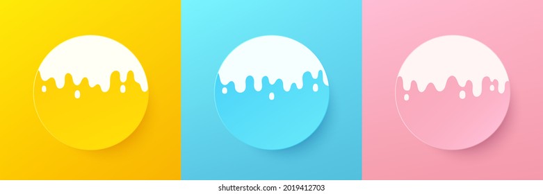 Set of abstract bright yellow, blue and pink pastel color circle frame with white melting fluid design for cosmetic product. Collection of minimal geometric background with copy space. Top view scene.