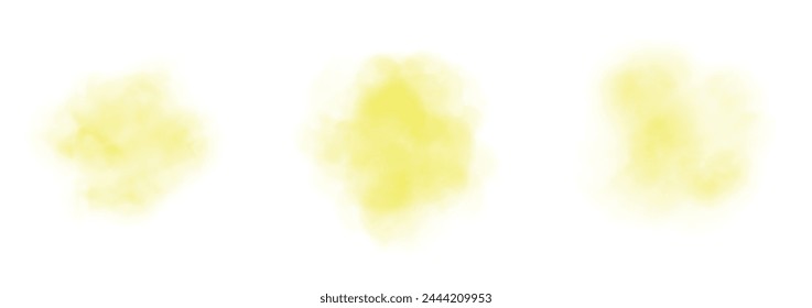 Set of abstract bright yellow watercolor water splash on a white background. Vector watercolour texture in salad color. Ink paint brush stain. Bright yellow splatters spot. Watercolor pastel splash