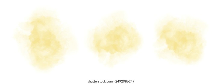 Set of abstract bright yellow watercolor water splash on a white background. Vector watercolour texture in salad color. Ink paint brush stain. Bright yellow splatters spot. Watercolor pastel splash