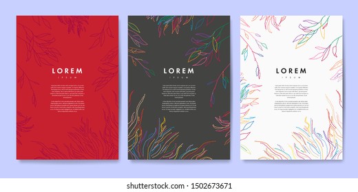 Set of abstract brochure, card, background, cover. Vector illustration of embroidered leaves