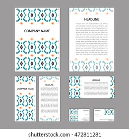 Set of abstract brochure templates. leaflet, banner, flyer, business card. Ethnic boho seamless patterns. Retro color style patterns. Vector illustration.