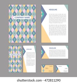 Set of abstract brochure templates. leaflet, banner, flyer, business card. Ethnic boho seamless patterns. Retro color style patterns. Vector illustration.