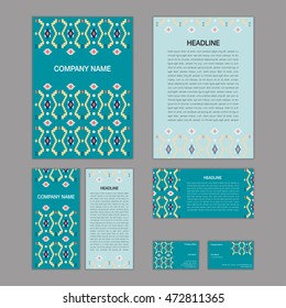 Set of abstract brochure templates. leaflet, banner, flyer, business card. Ethnic boho seamless patterns. Retro color style patterns. Vector illustration.
