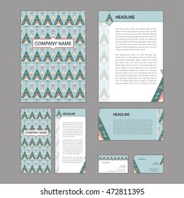 Set of abstract brochure templates. leaflet, banner, flyer, business card. Ethnic boho seamless patterns. Retro color style patterns. Vector illustration.