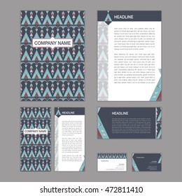 Set of abstract brochure templates. leaflet, banner, flyer, business card. Ethnic boho seamless patterns. Retro color style patterns. Vector illustration.