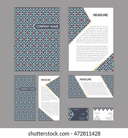 Set of abstract brochure templates. leaflet, banner, flyer, business card. Ethnic boho seamless patterns. Retro color style patterns. Vector illustration.