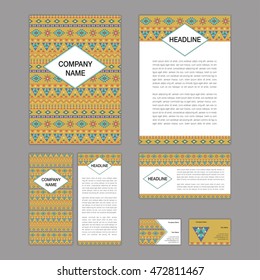 Set of abstract brochure templates. leaflet, banner, flyer, business card. Ethnic boho seamless patterns. Retro color style patterns. Vector illustration.