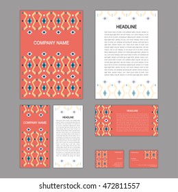 Set of abstract brochure templates. leaflet, banner, flyer, business card. Ethnic boho seamless patterns. Retro color style patterns. Vector illustration.