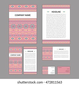 Set of abstract brochure templates. leaflet, banner, flyer, business card. Ethnic boho seamless patterns. Retro color style patterns. Vector illustration.