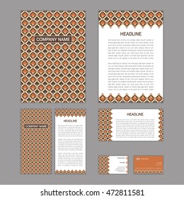 Set of abstract brochure templates. leaflet, banner, flyer, business card. Ethnic boho seamless patterns. Retro color style patterns. Vector illustration.