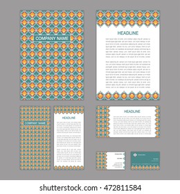 Set of abstract brochure templates. leaflet, banner, flyer, business card. Ethnic boho seamless patterns. Retro color style patterns. Vector illustration.
