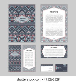 Set of abstract brochure templates. leaflet, banner, flyer, business card. Ethnic boho seamless patterns. Retro color style Vector illustration.