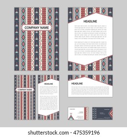Set of abstract brochure templates. leaflet, banner, flyer, business card. Ethnic boho seamless patterns. Retro color style patterns. Vector illustration.