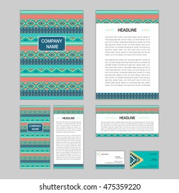 Set of abstract brochure templates. leaflet, banner, flyer, business card. Ethnic boho seamless patterns. Retro color style patterns. Vector illustration.