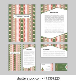 Set of abstract brochure templates. leaflet, banner, flyer, business card. Ethnic boho seamless patterns. Retro color style patterns. Vector illustration.