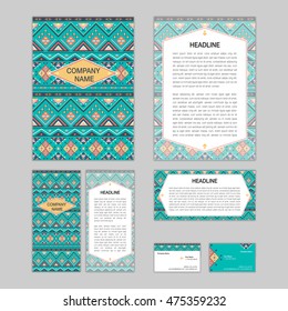 Set of abstract brochure templates. leaflet, banner, flyer, business card. Ethnic boho seamless patterns. Retro color style patterns. Vector illustration.