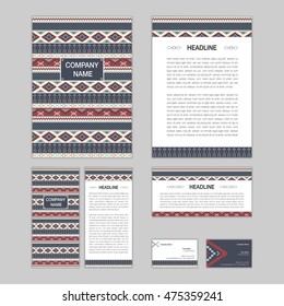 Set of abstract brochure templates. leaflet, banner, flyer, business card. Ethnic boho seamless patterns. Retro color style patterns. Vector illustration.