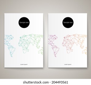 Set of abstract brochure templates with triangle world map background design. Clean and modern style collection