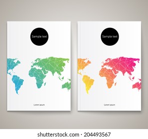 Conjunto de modelos de brochura abstrata com design de fundo de mapa mundial. Coleção de estilos limpa e moderna