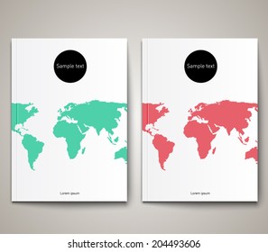 Set of abstract brochure templates with world map background design. Clean and modern style collection
