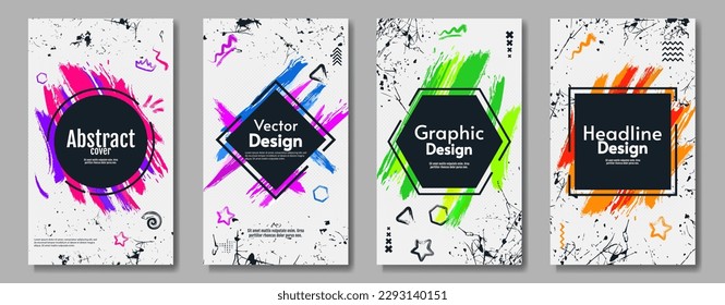 Set of abstract brochures or flyers, ink with colorful paint brush and scratches, white backdrop. Design for cover, poster, banner, postcard, magazine.