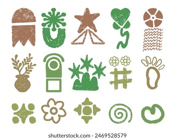 Set of abstract brown and green crooked shapes and doodles. Isolated on white background.