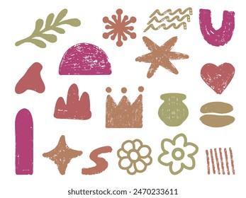 Set of abstract brown, green and pink crooked shapes and doodles. Isolated on white background.