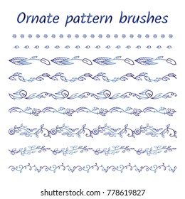 Set of abstract brush patterns, borders, ribbons or dividers. Wild flower, herb, weed, branch, leaf, reed, acorn. Lovely blue watercolor design. Vector brushes included