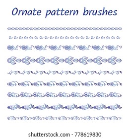 Set of abstract brush patterns, borders, ribbons or dividers. Wild flowers, herbs, weeds, branches, leaves, mushroom, acorn. Lovely blue watercolor design Vector brushes included