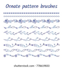 Set of abstract brush patterns, borders, ribbons or dividers. Wild flowers, herbs, weeds, branches, leaves, reeds. Lovely blue watercolor design. Vector brushes included