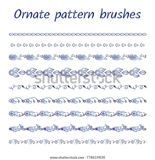 Set of\
abstract brush patterns, borders, ribbons or dividers. Wild\
flowers, herbs, weeds, branches, leaves, mushroom, acorn. Lovely\
blue watercolor design Vector brushes\
included