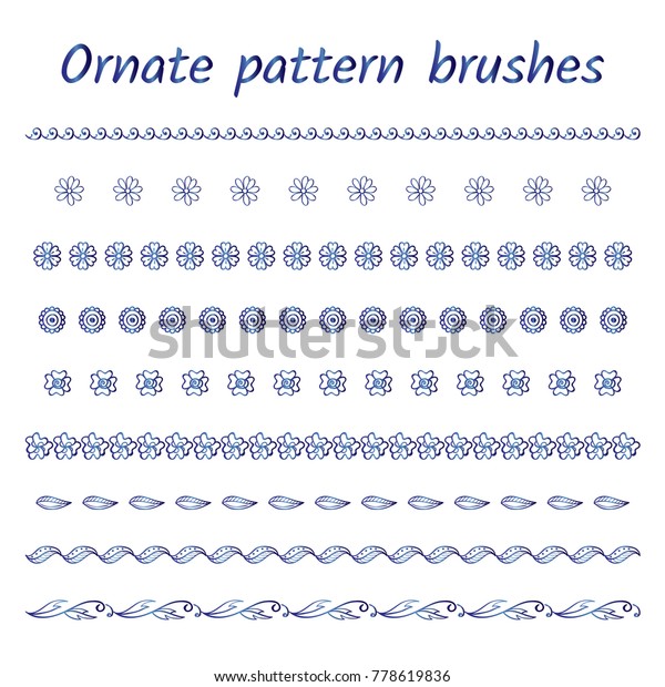 Set of abstract brush patterns,\
borders, ribbons or dividers. Abstract wild flowers, daisy, leaves,\
waves. Lovely blue watercolor design. Vector brushes\
included