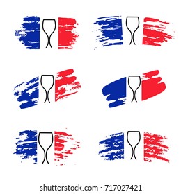 Set of abstract brush stroke flag of France with wine glass shape. Vector illustration