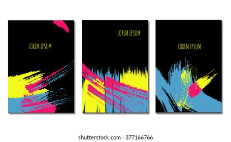  Set of abstract brush stroke templates card.  Invitation, greeting card, poster design templates. Hot pink, blue, yellow, black colors. 