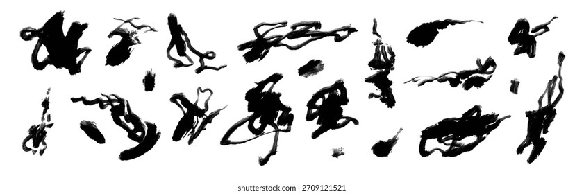 Satz abstrakter Pinselstriche und Tintenspritzer. Vektorgrafik von handgezeichneten Grunge-Elementen, chaotischen Farbabstrichen und künstlerischen Noten für das Design.