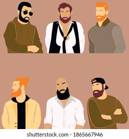 Set of abstract brutal men portraits. Modern young bearded man, fashion minimal trendy people face in flat style. Vector hand drawn illustration
